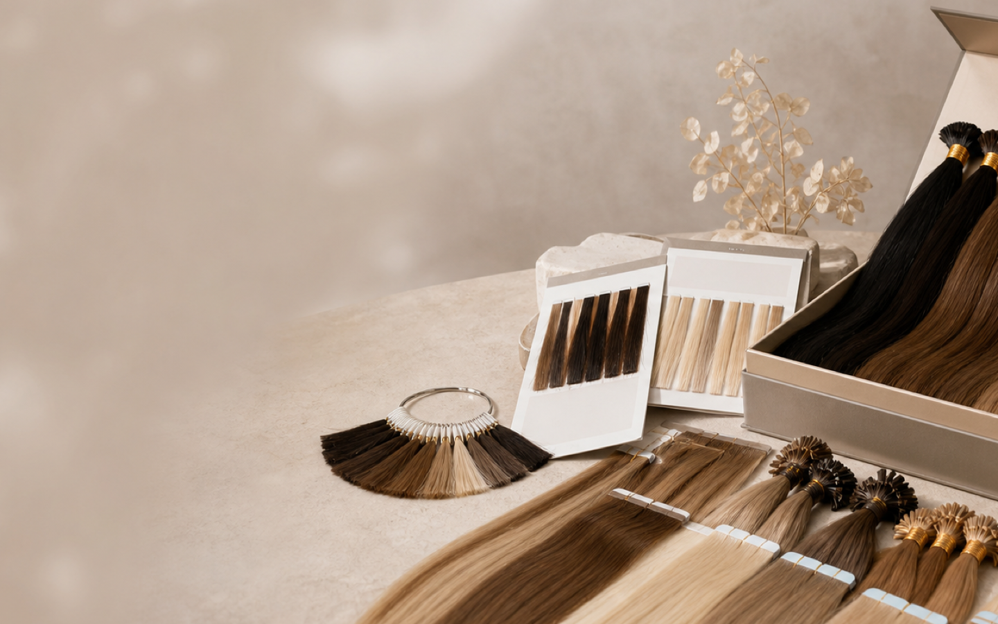 Human hair extension sample kit and colour swatches
